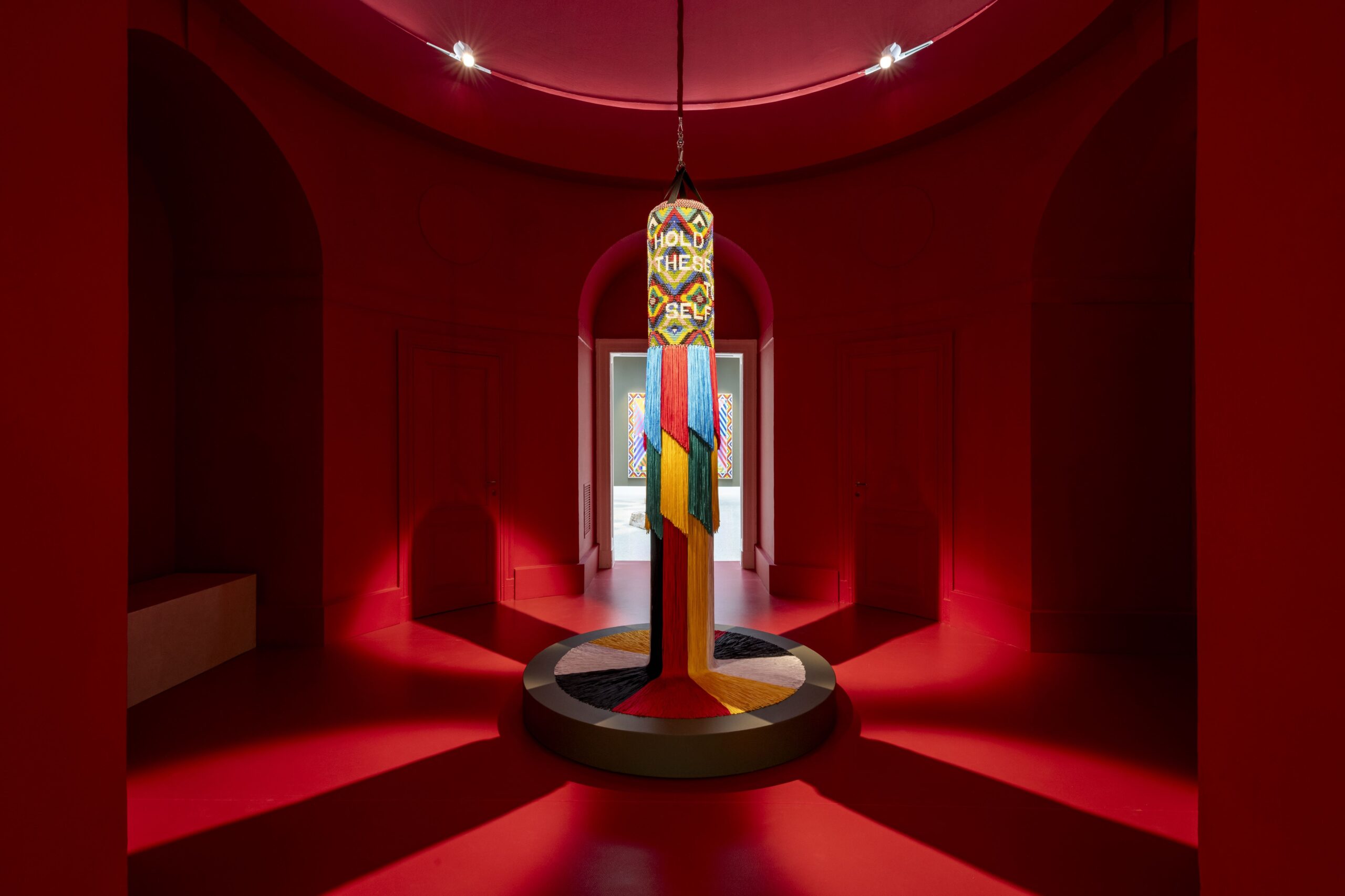 Installation view of WE HOLD THESE TRUTHS TO BE SELF_EVIDENT (2024) at “the space in which to place me,” Jeffrey Gibson’s exhibition for the United States Pavilion, 60th International Art Exhibition–La Biennale di Venezia.